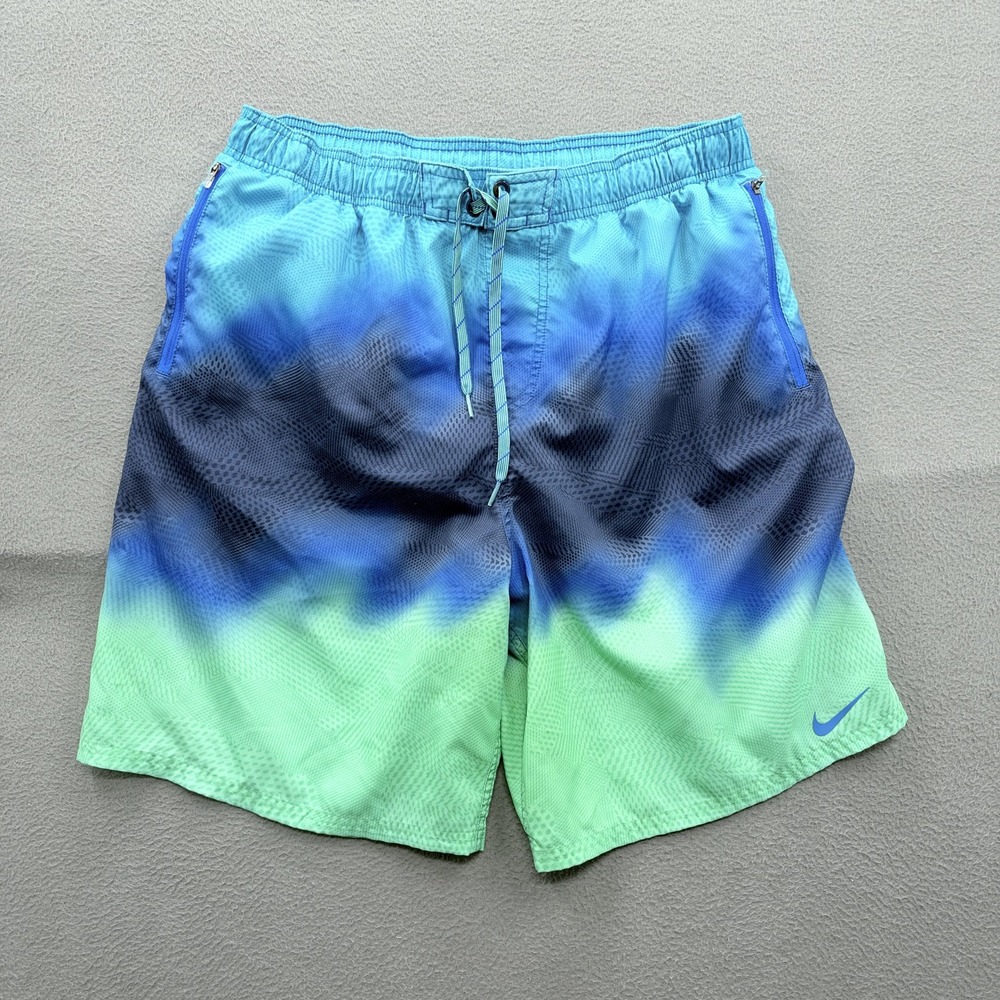 Nike Swim Shorts Mens Large Blue Green Ombre Trunks Mesh Lined Zip Pockets
